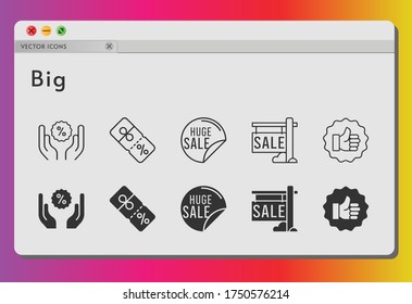 big icon set. included sale, like, discount icons on white background. linear, filled styles.