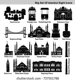 Big icon set of Istanbul's touristic, historical, famous places and symbols. Palaces, bridge, mosques and monuments, signs black silhouette icons. Vector illustration. 