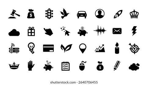 Big Icon Set. Justice, King, Gift, Car, Profile, Bird, Trafic Signal, Note, Router, Bulb, Bank, Deposit, Email, Chart, Cloud Icons Vector Illustration