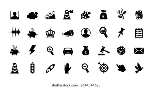 Big Icon Set. Justice, King, Gift, Car, Profile, Bird, Trafic Signal, Note, Router, Bulb, Bank, Deposit, Email, Chart, Cloud Icons Vector Illustration
