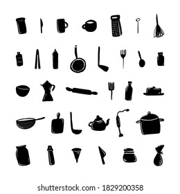 Big icon set of kitchen cookware in minimal style in black colours. Vector illustration