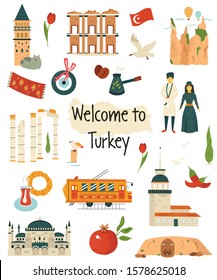 Big icon set of landmarks, symbols of Turkey. National food, costume, flag, buildings of Istanbul, Pergamum, Ephesos, Cappadocia, Nemrut Mountain