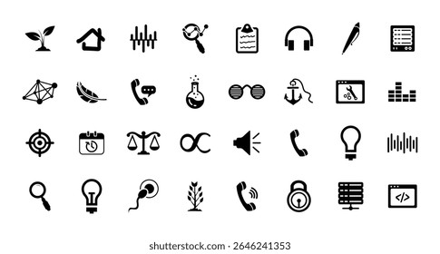 Big Icon Set. Music, Music, Audio, Justice, Server, Ideas, Headphone, Lock, Brush, Router, Infinity, Equalizer, Spam Icons Vector Illustration