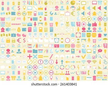 Big icon set - office, document, symbol, communication, sale, business and infographic elements. For infographics, presentation, cards and backgrounds. Vector illustration.