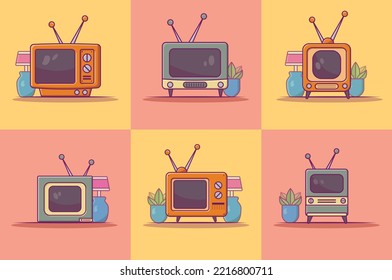 Un gran icono define la ilustración vectorial de la televisión antigua con el concepto colorido y el fondo rosado.