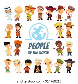 Big icon set with people of various nationalities in traditional costumes. Peoples from around the world. Isolated on white.Vector illustrations