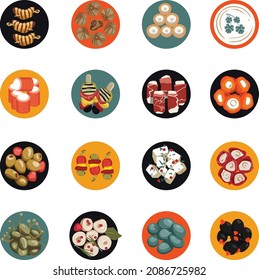 Big icon set of popular culinary spices from above. Figs chili pepper, garlic, nutmeg, anise, olive, pepperoni,artichoke hearts, hamon, mushrooms, szaziki, figs, tomatoes, olives