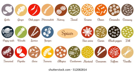 Big icon set of popular culinary spices white silhouettes. Color background. Ginger, chili pepper, garlic, nutmeg, anise etc. For cosmetics, store, spa, health care, logo design, price tag label