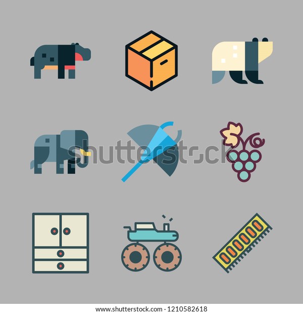 big icon set. vector set about\
hippopotamus, warehouse, panda bear and monster truck icons\
set.