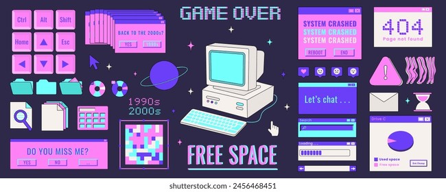 Big icon (sticker) set in retro style. Old computer aestethic elements. Nostalgia for 1990s -2000s. Retro pc user interface in trendy y2k Vector illustration. Isolated background. Flat style