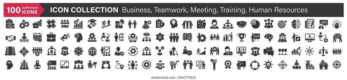 Big icons collection. Containing Business, Teamwork, Meeting, Training, Human Resources. Glyph solid style series icon