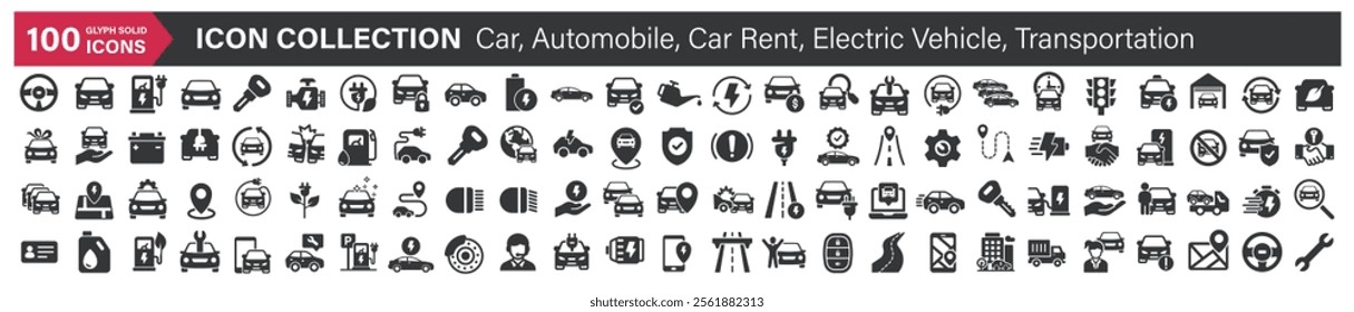 Big icons collection. Containing Car, Automobile, Car Rent, Electric Vehicle, Transportation. Glyph solid style series icon