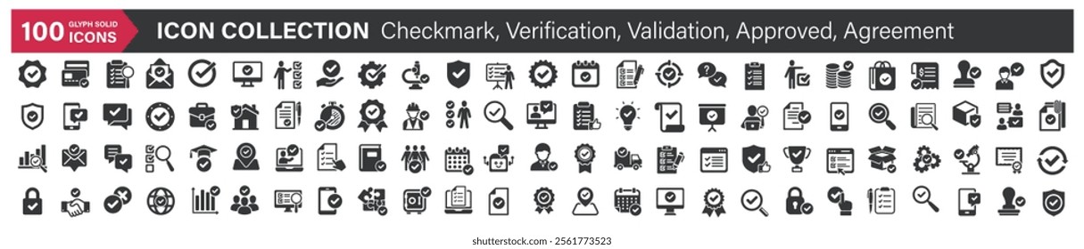 Big icons collection. Containing Checkmark, Verification, Validation, Approved, Agreement. Glyph solid style series icon