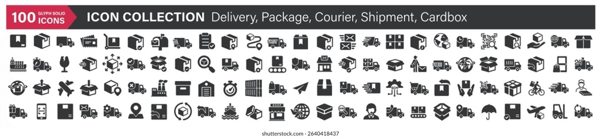 Big icons collection. Containing Delivery, Package, Courier, Shipment, Cardbox. Glyph solid style series icon