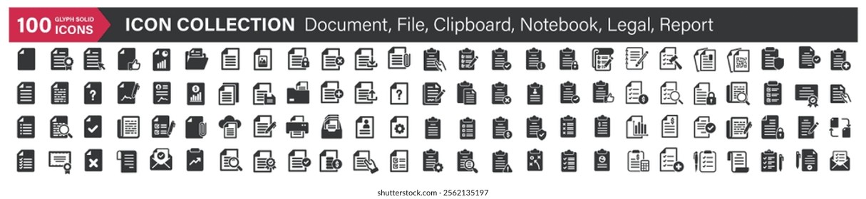 Big icons collection. Containing Document, File, Clipboard, Notebook, Legal, Report . Glyph solid style series icon