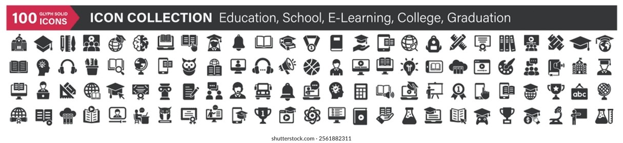 Big icons collection. Containing Education, School, E-Learning, College, Graduation. Glyph solid style series icon