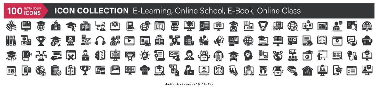 Big icons collection. Containing E-Learning, Online School, E-Book, Online Class. Glyph solid style series icon