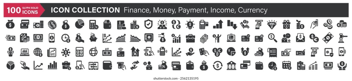 Big icons collection. Containing Finance, Money, Payment, Income, Currency. Glyph solid style series icon