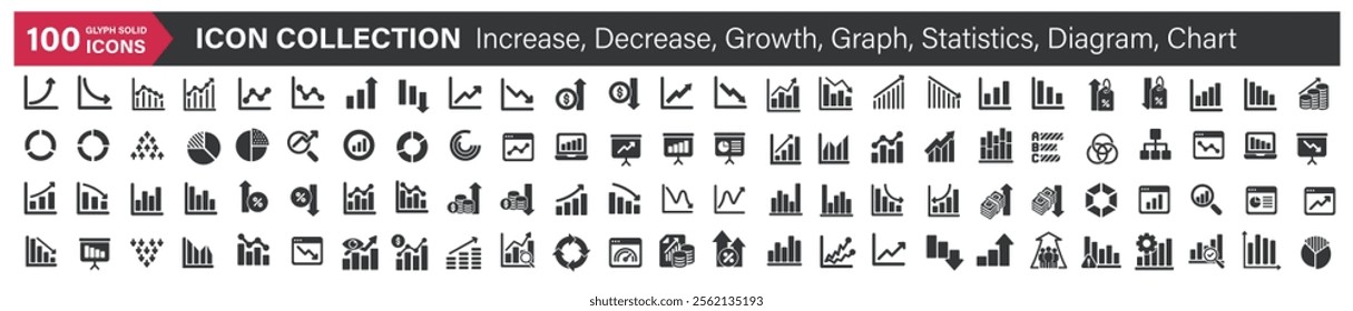 Big icons collection. Containing Increase, Decrease, Growth, Graph, Statistics, Diagram. Glyph solid style series icon