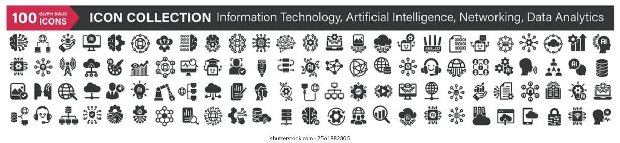 Big icons collection. Containing Information Technology, Artificial Intelligence, Networking, Data Analytics. Glyph solid style series icon