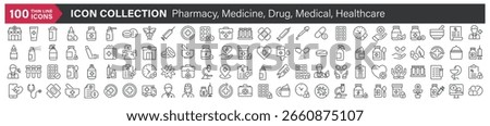 Big icons collection. Containing Pharmacy, Medicine, Drug, Medical, Healthcare. Thin line style series icon