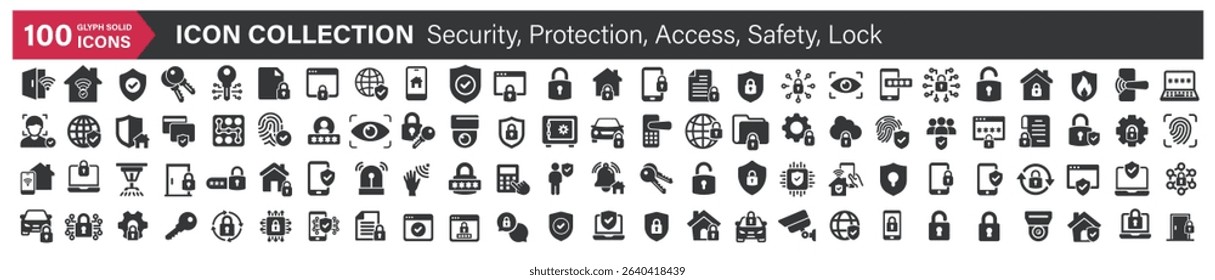 Big icons collection. Containing Security, Protection, Access, Safety, Lock. Glyph solid style series icon
