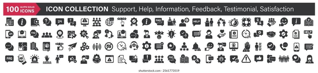 Big icons collection. Containing Support, Help, Information, Feedback, Testimonial, Satisfaction. Glyph solid style series icon