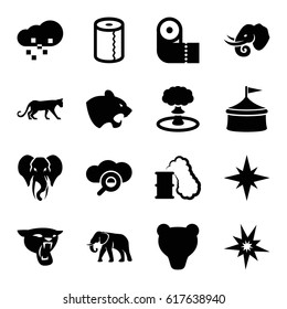 Big icons set. set of 16 big filled icons such as panther, elephant, paper towel, defragmentation, explosion, smoking can, explode, circus, bear