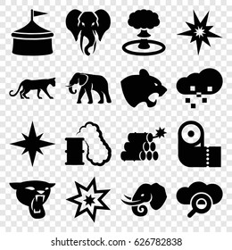 Big icons set. set of 16 big filled icons such as panther, elephant, paper towel, defragmentation, dynamite, explosion, smoking can, explode, circus