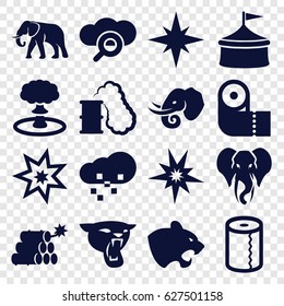 Big icons set. set of 16 big filled icons such as panther, elephant, paper towel, defragmentation, dynamite, explosion, smoking can, explode, circus