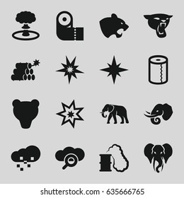 Big icons set. set of 16 big filled icons such as panther, elephant, paper towel, defragmentation, dynamite, explosion, smoking can, explode, bear