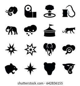 Big icons set. set of 16 big filled icons such as panther, elephant, paper towel, defragmentation, explosion, smoking can, explode, circus, bear