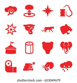 Big icons set. set of 16 big filled icons such as panther, elephant, paper towel, defragmentation, dynamite, explosion, smoking can, circus, bear