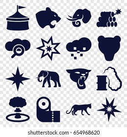 Big icons set. set of 16 big filled icons such as panther, elephant, paper towel, defragmentation, dynamite, explosion, smoking can, explode, circus, bear