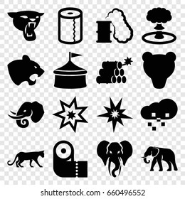 Big icons set. set of 16 big filled icons such as panther, elephant, paper towel, defragmentation, dynamite, explosion, smoking can, explode, circus