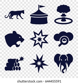Big icons set. set of 9 big filled icons such as panther, elephant, dynamite, explosion, explode, circus