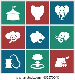 Big icons set. set of 9 big filled icons such as panther, elephant, dynamite, explosion, smoking can, circus, bear