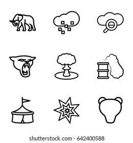 Big icons set. set of 9 big outline icons such as elephant, panther, defragmentation, explosion, smoking can, bear, search cloud