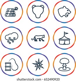 Big icons set. set of 9 big outline icons such as panther, defragmentation, dynamite, explosion, smoking can, explode, bear