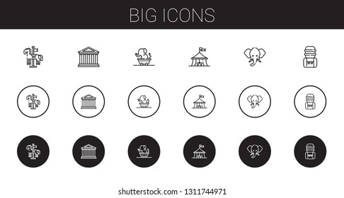 big icons set. Collection of big with carousel, parthenon, elephant, circus, water tank. Editable and scalable big icons.
