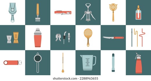 Big icons set with different bartender tools: Strainer, jigger, shaker, corkscrew, muddler etc. Hand drawn vector illustrations. Icons set. Cocktail shaker bar equipment and dishware. Party concept.