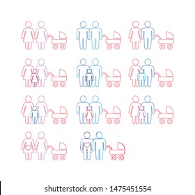 Big icons set of Gay, lesbian, hetero couples and family with children