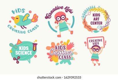 Big Icons Set Kids Art Center, Creative Class, Science Banners or Badges Isolated on White Background. Primitive Style Characters Design Elements with Typography Logo. Cartoon Flat Vector Illustration