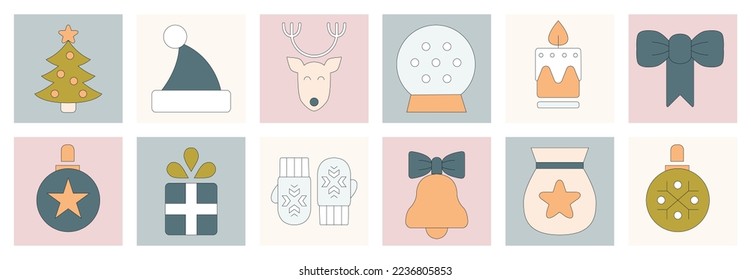 Big icons set with symbols of Christmas and New Year – the best family holiday of the year! Cute style in pastel colors. Hand drawn vector illustration. For print, gift cards, wrapping paper design.