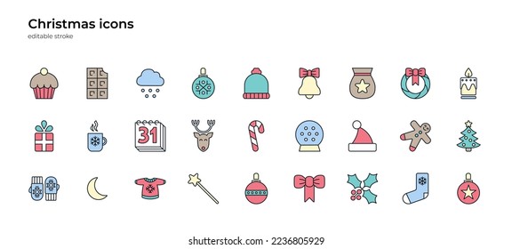Big icons set with symbols of Christmas – the best family holiday of the year! Happy New Year and Merry Christmas concept. Icons, highlights. Cute Kawaii style. Vector illustration, editable stroke.