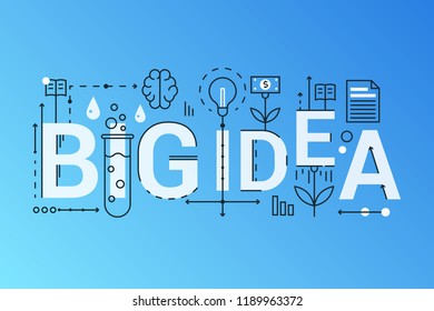 Big idea 2019 word trendy composition concept banner. Outline stroke big fresh idea, brainstorming, finding solution, creative thinking. Flat line icons lettering typography.