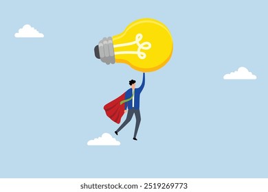 Big idea to boost business success, brilliant entrepreneur hero soaring through the sky with a massive illuminated bulb of inspiration.