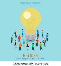 Big Idea Brainstorming Flat 3d Web Isometric Infographic Concept Vector. Casual Men Women Group Around Hug Lamp Light Bulb. Creative People Collection.