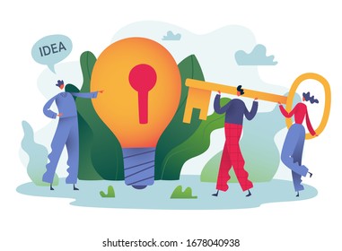 Big idea bulb with key hole and people holding key. Business concept for teamwork. Vector illustration.