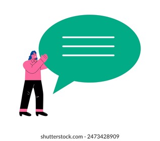 Big idea. Business woman holding a big speech bubble. Flat vector illustration isolated on white background

